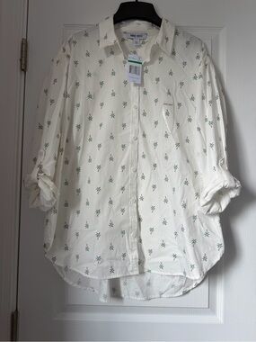 New Men’s Nine West Cream Button-Down Shirt with Green Palm Print